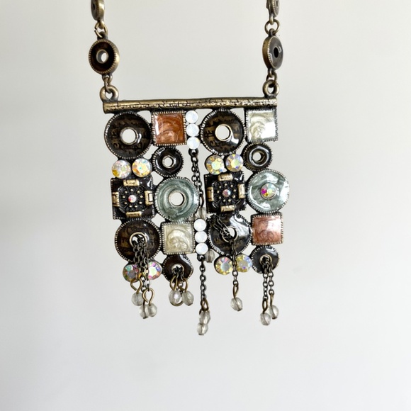 Modernist Style Brass Necklace with Enamel and Rhinestones - Picture 14 of 16